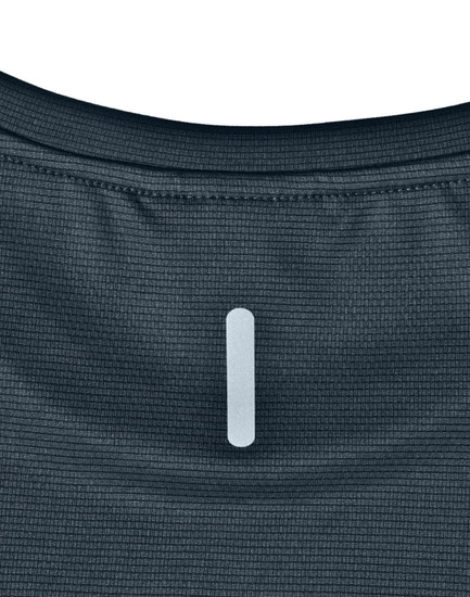 A navy blue men's short-sleeve performance tee featuring a logo and textured fabric on the back.