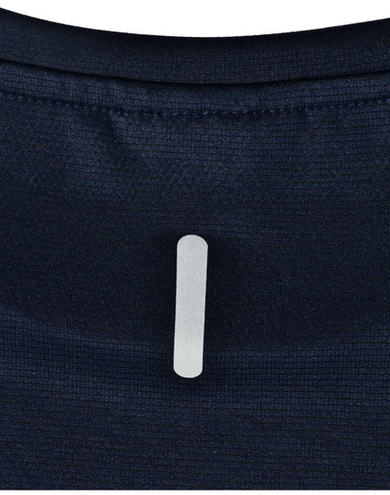 A navy blue short-sleeve performance tee featuring a logo on the back collar.