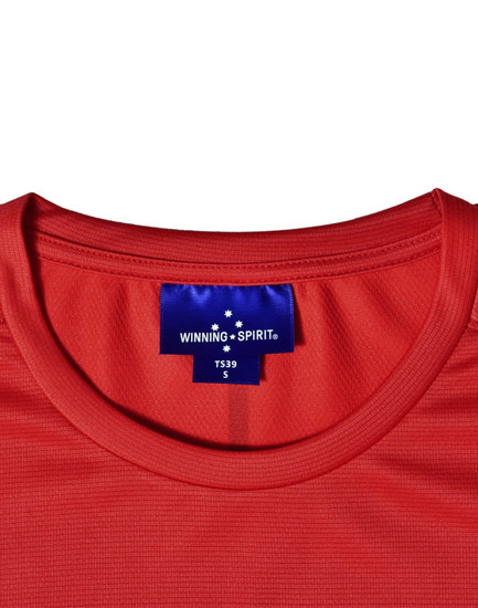A close-up of a red men's ultra-lightweight performance short-sleeve tee with a branding label on the neckline.