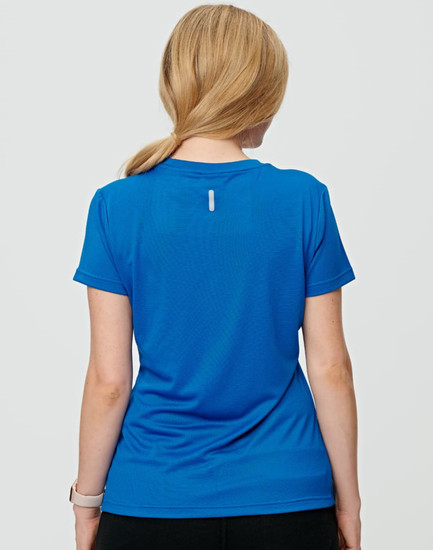A blue ladies' short sleeve performance T-shirt featuring a logo on the back.