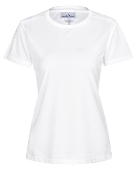 A white short-sleeve women's performance t-shirt featuring a simple design and a logo.