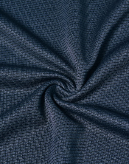 A close-up of a dark navy fabric with a subtle grid pattern, showcasing its lightweight texture.