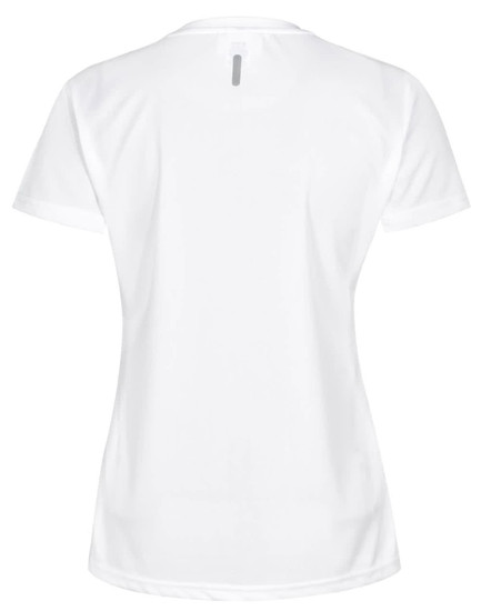 A white short-sleeve performance T-shirt with a sleek design and a logo on the back.