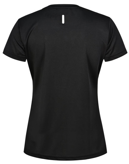 A black ladies' short-sleeve performance T-shirt, featuring a back keyhole detail and a logo.