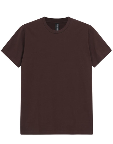 A maroon premium cotton t-shirt with a classic crew neck and short sleeves, featuring a logo.