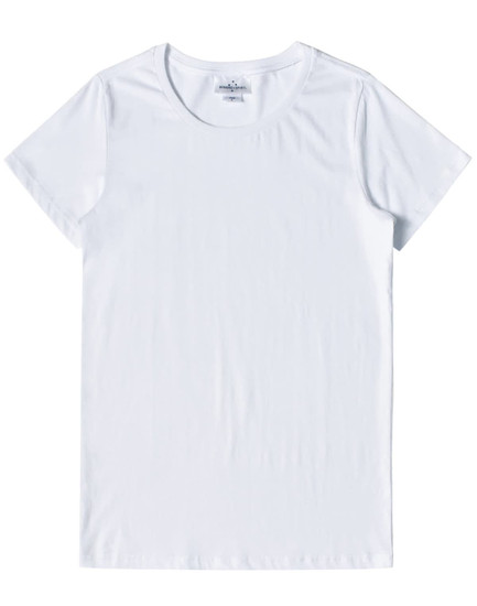 A white premium cotton t-shirt for ladies with a classic crew neckline and short sleeves. It has a logo on the label.