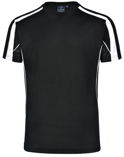A black men's T-shirt with white accents on the sleeves and sides, featuring a logo on the collar.