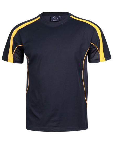 A black and yellow men's short-sleeve t-shirt with contrasting side panels and a logo.