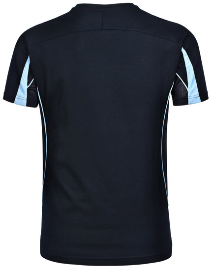 A black short-sleeve T-shirt with light blue accents and mesh detailing on the sides. It features a logo.