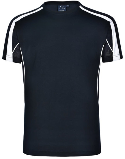 A black T-shirt with white detailing and mesh panels on the shoulders. It features a logo on the neckline.
