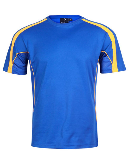 A blue short-sleeved T-shirt with yellow accents and a logo on the upper left.