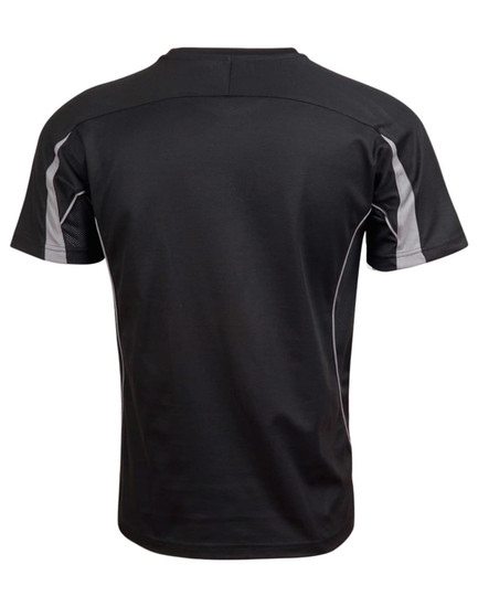 A black kid's short-sleeve t-shirt with grey accents and a logo on the back.