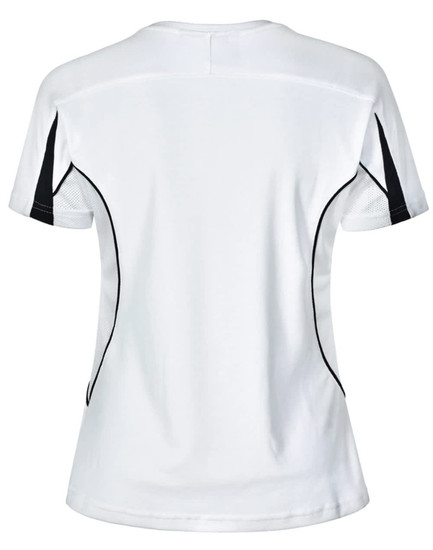 A white ladies' short-sleeve T-shirt with black accents and mesh detailing on the sides, featuring a logo.