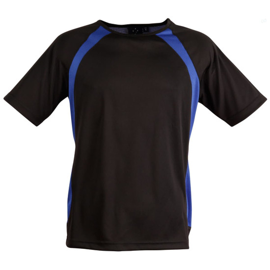 A black men's t-shirt featuring blue accents and a logo, with short sleeves and a round neckline.
