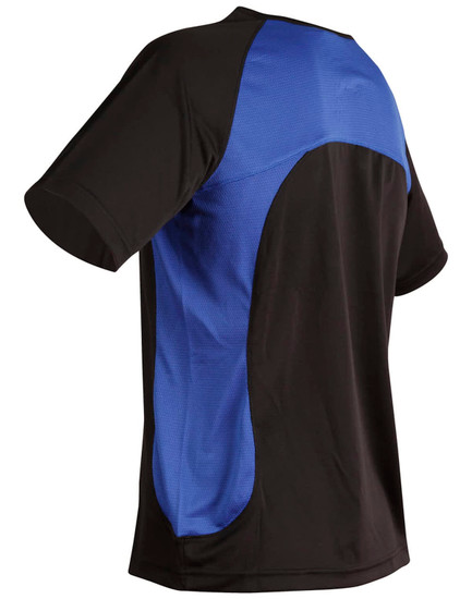 A men's t-shirt featuring a black body and blue mesh paneling at the back. It has a logo on it.