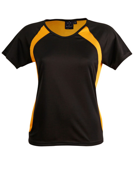 A black and orange ladies' tee shirt featuring a sporty design with mesh panels on the sides and a logo.