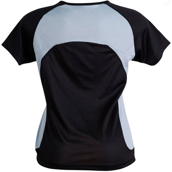 A black and light blue ladies' tee shirt featuring a stylish design and mesh detailing on the back.