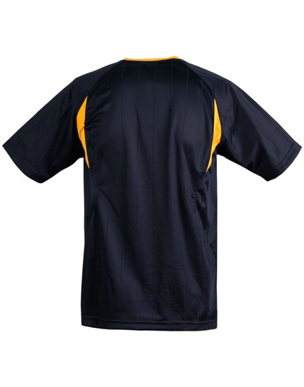 A dark navy adults' soccer jersey with yellow accents and a plain back design. It features a logo on the front.