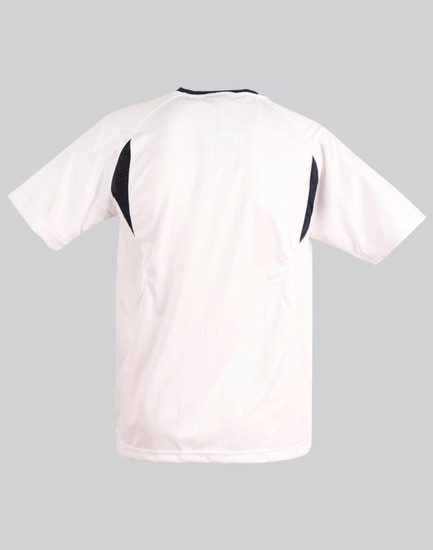 A kid's soccer jersey in white with black accents, featuring a branded logo. Ideal for sports uniforms.