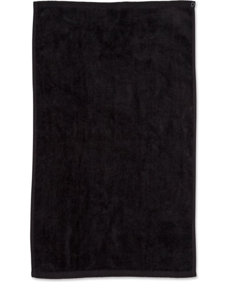 A black golf towel measuring 38 x 65 cm, featuring a brand logo. Soft and absorbent.