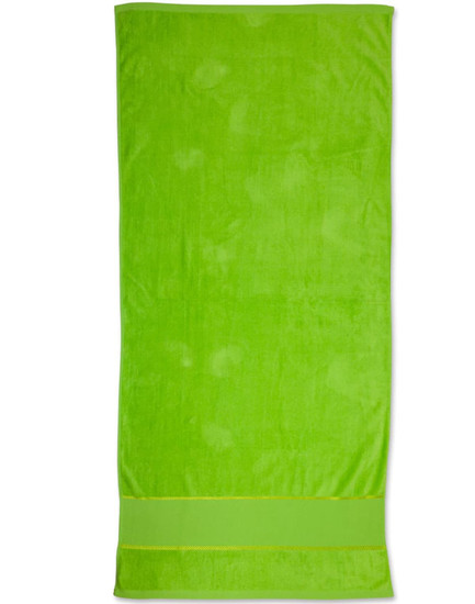 A bright green terry velour beach towel measuring 75x150 cm, featuring a simple design and a branding logo.