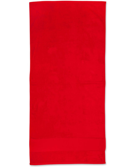 A red terry velour beach towel measuring 75x150 cm, with a solid colour design and a logo.