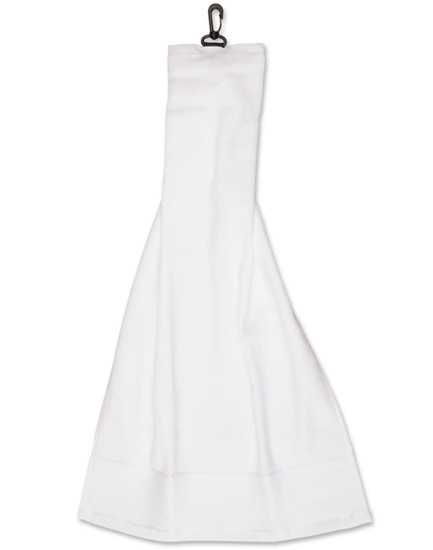 A white golf towel with a hook for attachment. The towel features a branded logo.