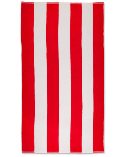 A striped beach towel in red and white with a logo in one corner. Ideal for leisure and outdoor activities.