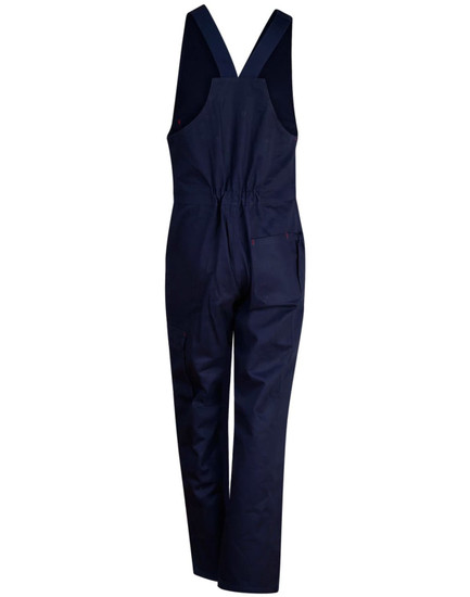 A navy blue cotton drill overall with adjustable straps and multiple pockets, featuring a logo on the front.