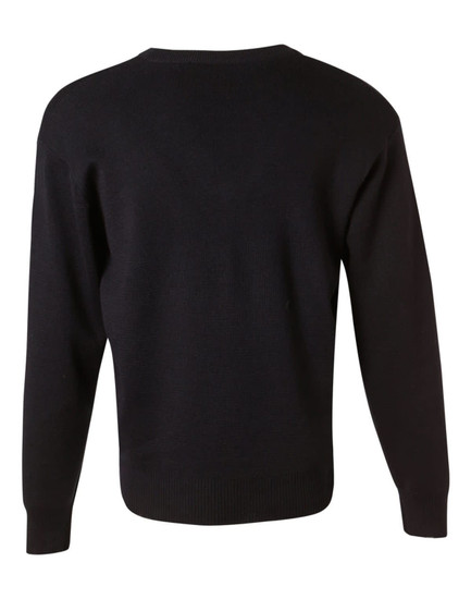 A black V-neck wool and acrylic knit jumper with long sleeves and ribbed hem. Features a logo on the back.