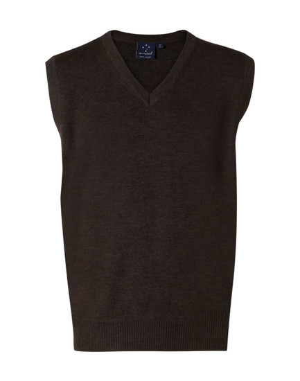 A dark green V-neck wool and acrylic knit vest featuring a sleeveless design and a plain finish.