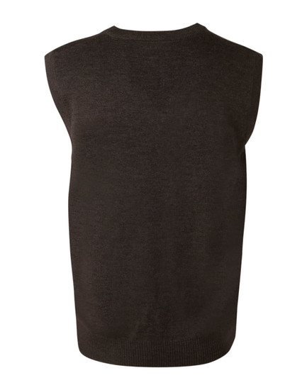 A dark brown v-neck wool and acrylic knit vest featuring a sleeveless design and ribbed hem.