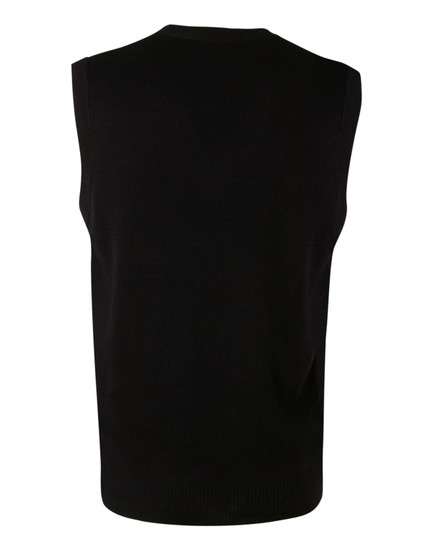 A black V neck wool and acrylic knit vest, featuring a sleeveless design and ribbed bottom hem.
