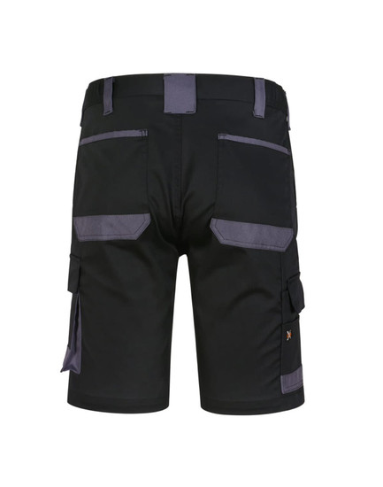 Unisex utility stretch cargo work shorts in black with grey accents and multiple pockets. Features branding on the waistband.