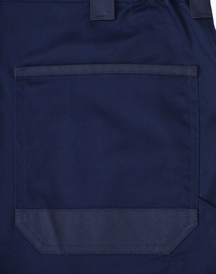 Navy blue unisex utility stretch cargo work shorts featuring a large rear pocket and a logo.