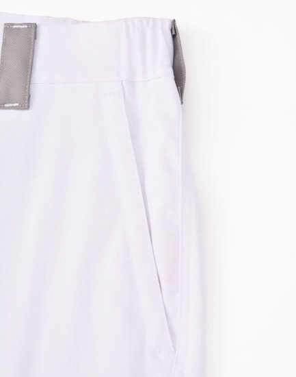 Unisex utility stretch cargo work shorts in light grey, featuring a waistband and side pockets, with a logo present.