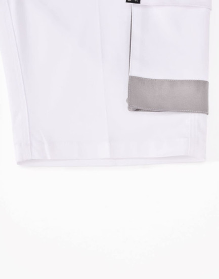 Unisex utility stretch cargo work shorts in white with a grey pocket detail and branding on the waistband.