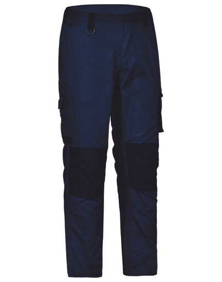 Unisex utility stretch cargo work pants in navy blue with black accents and multiple cargo pockets. Features a logo.