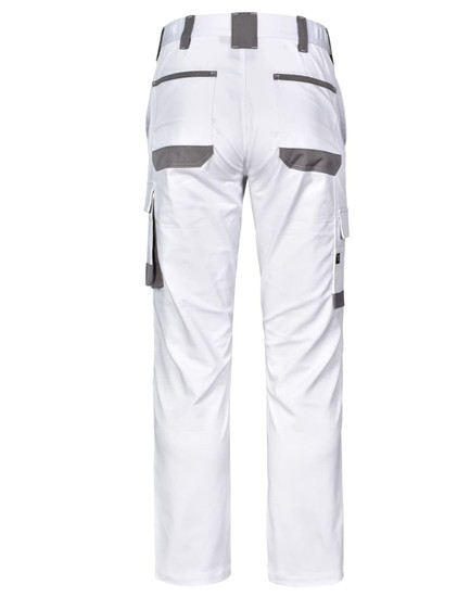 Unisex utility stretch cargo work pants in white, featuring multiple pockets and a logo.