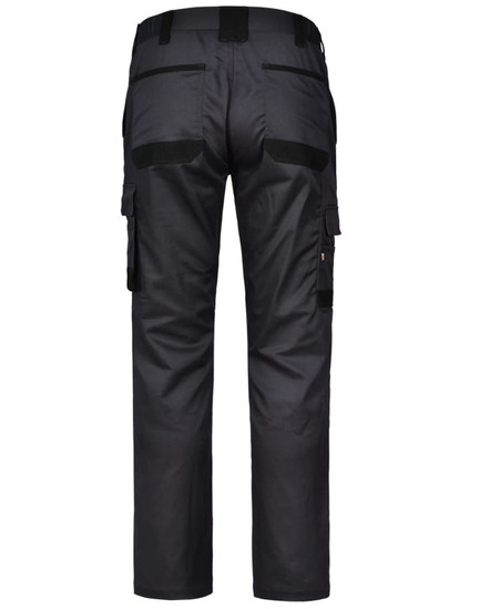 Unisex utility stretch cargo work pants in black, featuring multiple pockets and a logo on the back.