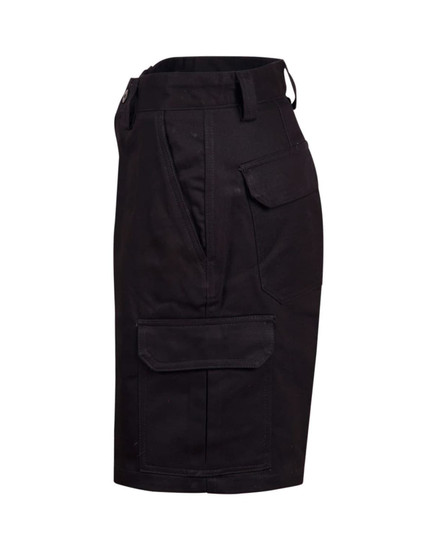 A black heavy cotton drill short with multiple pockets, featuring a side view and a logo.