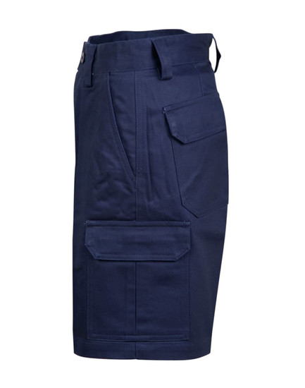 A navy heavy cotton drill short with multiple pockets, featuring a logo. Designed for durability and functionality.