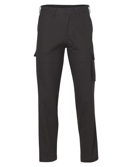 A pair of regular fit black cargo pants with drill pant pockets on the legs and a logo present.