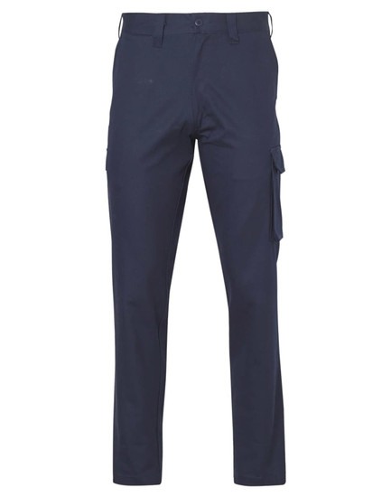 Navy cargo pants featuring side pockets and a regular fit, with a logo on the waistband.