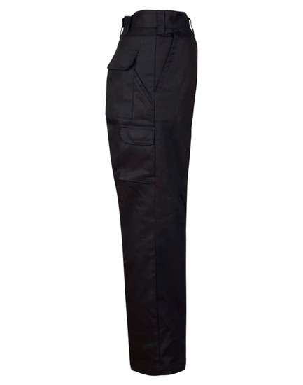 Black cargo pants featuring a drill pant pocket on the leg and a regular fit, with one logo.