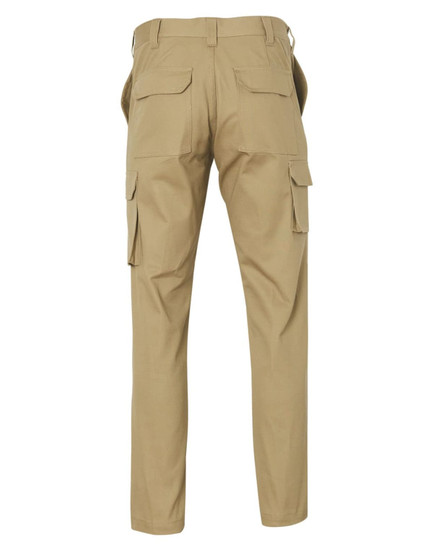 A pair of tan cargo pants featuring multiple pockets and a regular fit, shown from the back.