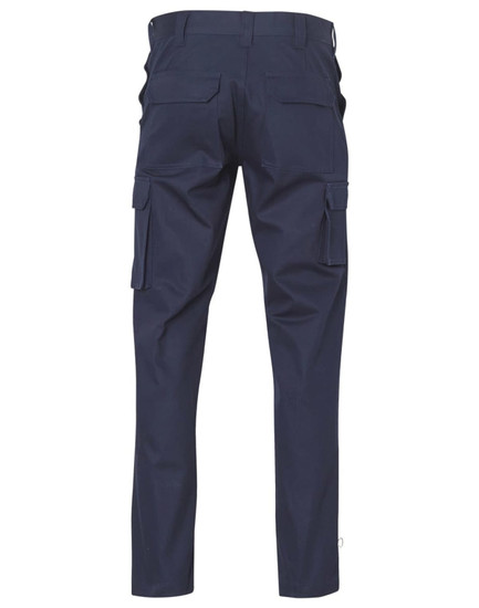 Navy cargo pants featuring side pockets and a regular fit, with a logo on the back.