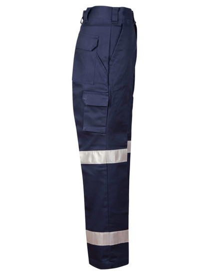 Navy work pants featuring reflective strips and a pocket on the leg, designed for durability and practicality.
