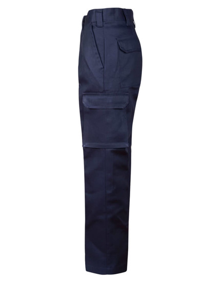 Navy cargo pants featuring leg pockets and a stout fit, with a logo on the design.