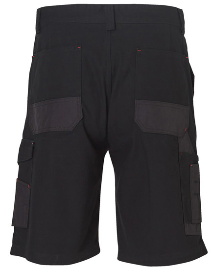 A pair of black cargo work shorts featuring multiple pockets and reinforced sections on the back.